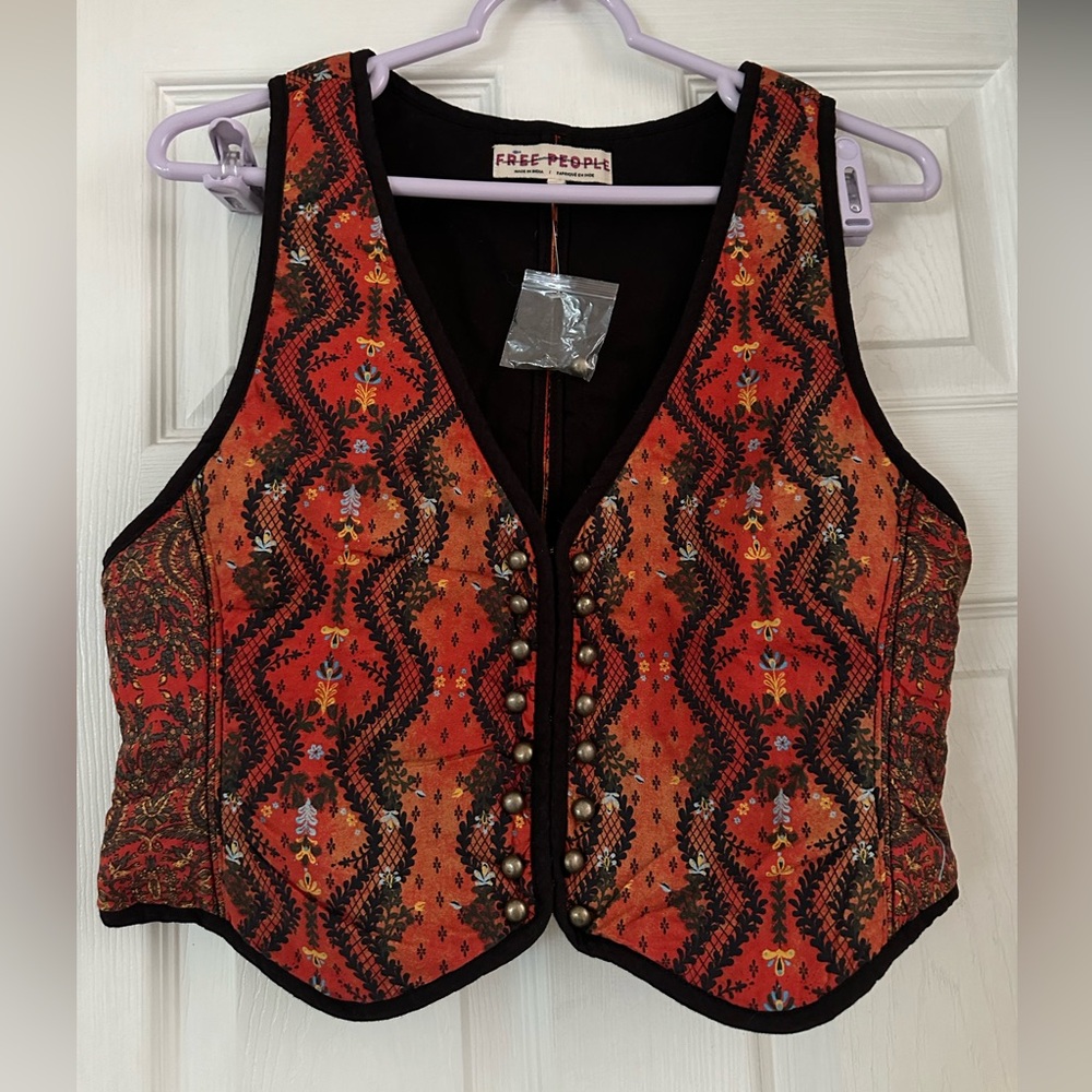Free People Women Gemini Quilted Vest Top Floral Rust Combo Boho Festival XS S M - Picture 3 of 10